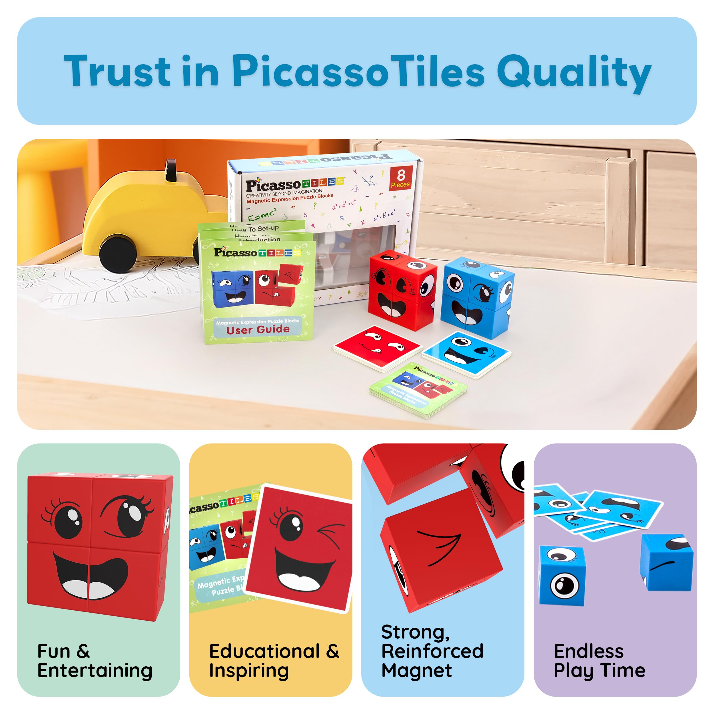 PicassoTiles Magnetic Expression Puzzle - 8-Piece Mix & Match Cube Set with 36 Cards, STEM Learning Toy for Ages 3+