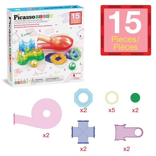 PicassoTiles Magnetic Marble Run Expansion Pack 15-Piece – Add-On for Magnet Tile Building Blocks, STEM Toy Ages 3+