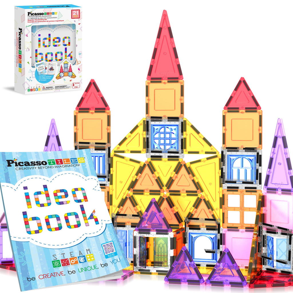 PicassoTiles Magnetic Tiles 20-Piece Set with 110+ Page Idea Book – STEM Building Blocks for Ages 3+