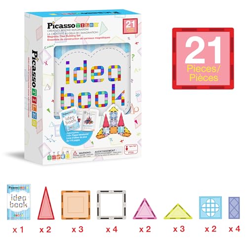 PicassoTiles Magnetic Tiles 20-Piece Set with 110+ Page Idea Book – STEM Building Blocks for Ages 3+