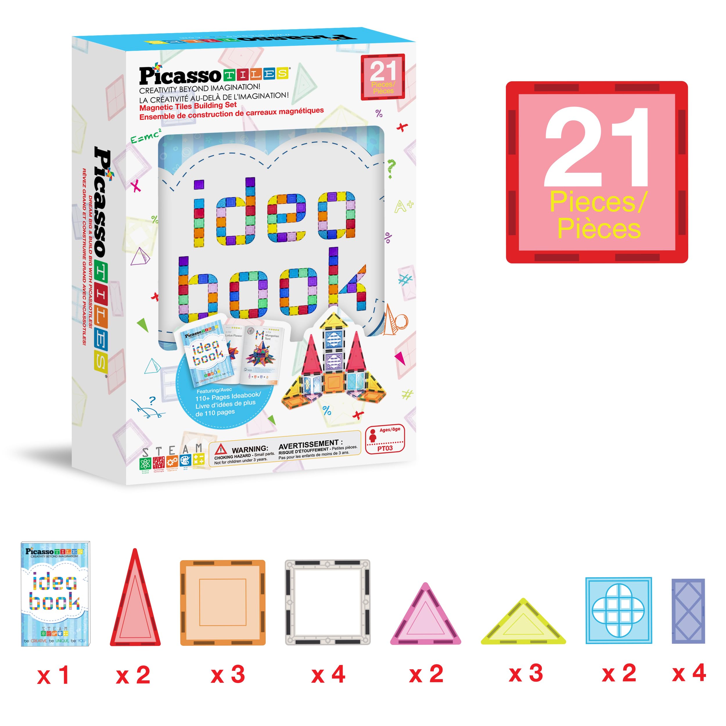 PicassoTiles Magnetic Tiles 20-Piece Set with 110+ Page Idea Book – STEM Building Blocks for Ages 3+