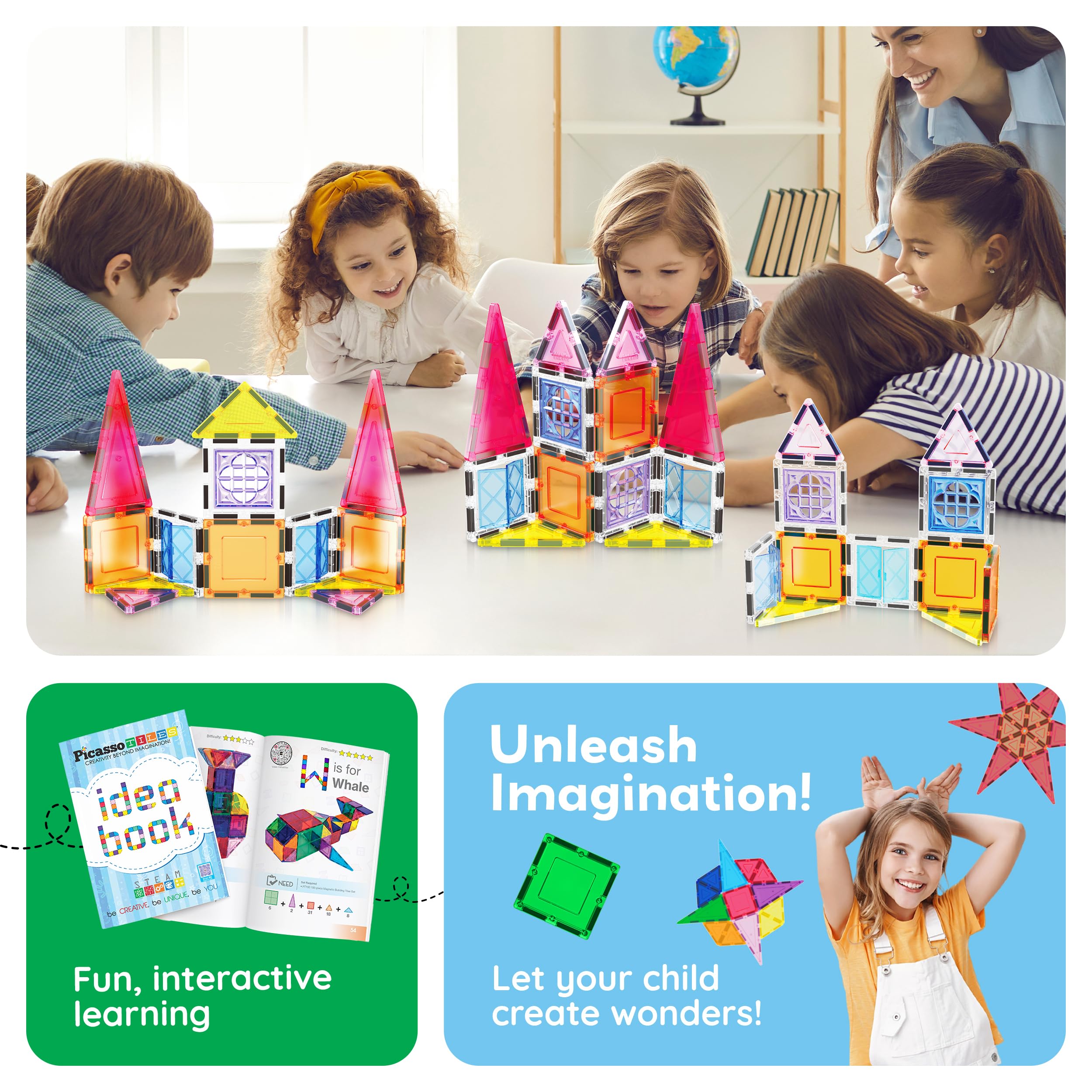 PicassoTiles Magnetic Tiles 20-Piece Set with 110+ Page Idea Book – STEM Building Blocks for Ages 3+
