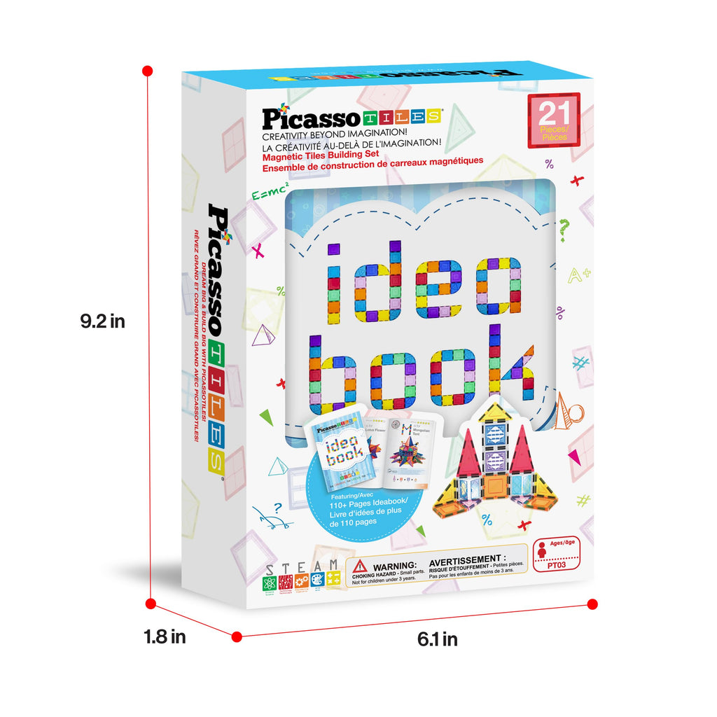 PicassoTiles Magnetic Tiles 20-Piece Set with 110+ Page Idea Book – STEM Building Blocks for Ages 3+