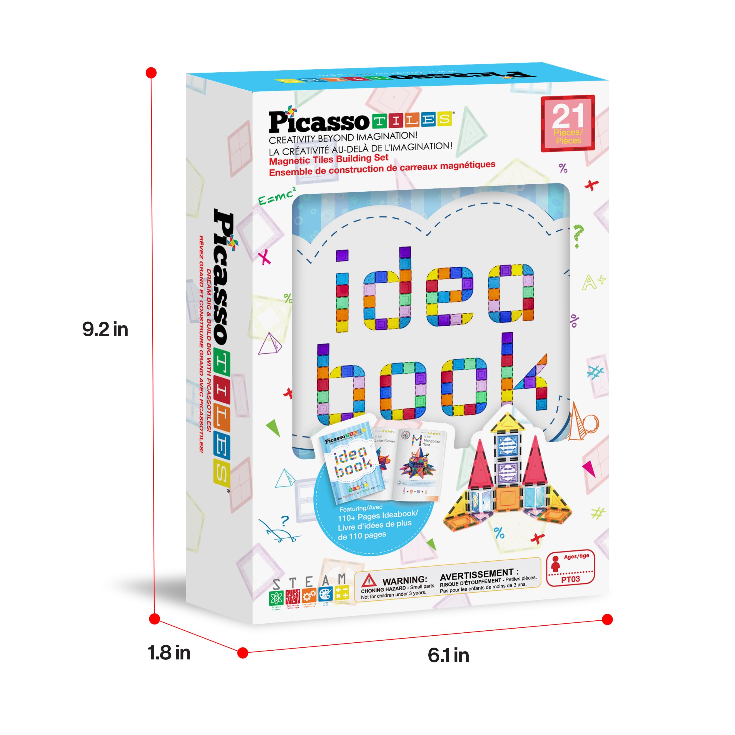 PicassoTiles Magnetic Tiles 20-Piece Set with 110+ Page Idea Book – STEM Building Blocks for Ages 3+