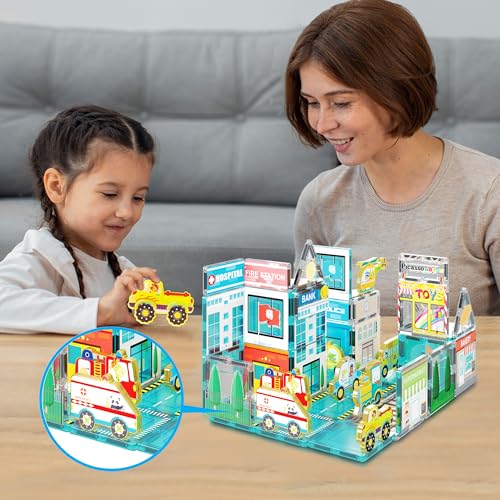 PicassoTiles Metro City 8-Piece Vehicle Set – Magnetized Action Figures for Magnetic Tile Kits, STEAM Building Toy for Ages 3+ (PTA24)
