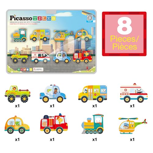 PicassoTiles Metro City 8-Piece Vehicle Set – Magnetized Action Figures for Magnetic Tile Kits, STEAM Building Toy for Ages 3+ (PTA24)
