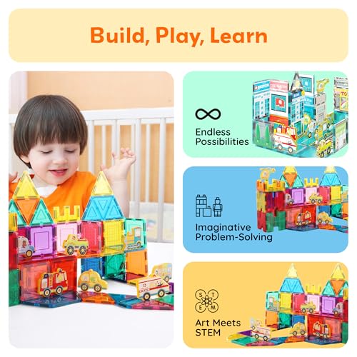 PicassoTiles Metro City 8-Piece Vehicle Set – Magnetized Action Figures for Magnetic Tile Kits, STEAM Building Toy for Ages 3+ (PTA24)