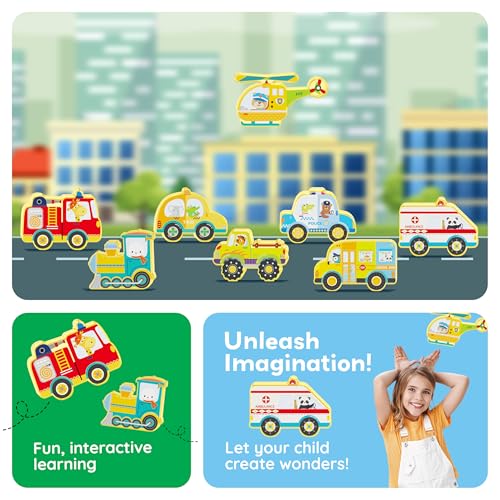 PicassoTiles Metro City 8-Piece Vehicle Set – Magnetized Action Figures for Magnetic Tile Kits, STEAM Building Toy for Ages 3+ (PTA24)