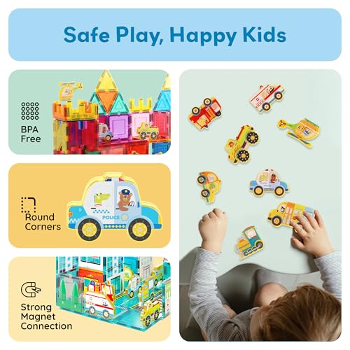 PicassoTiles Metro City 8-Piece Vehicle Set – Magnetized Action Figures for Magnetic Tile Kits, STEAM Building Toy for Ages 3+ (PTA24)