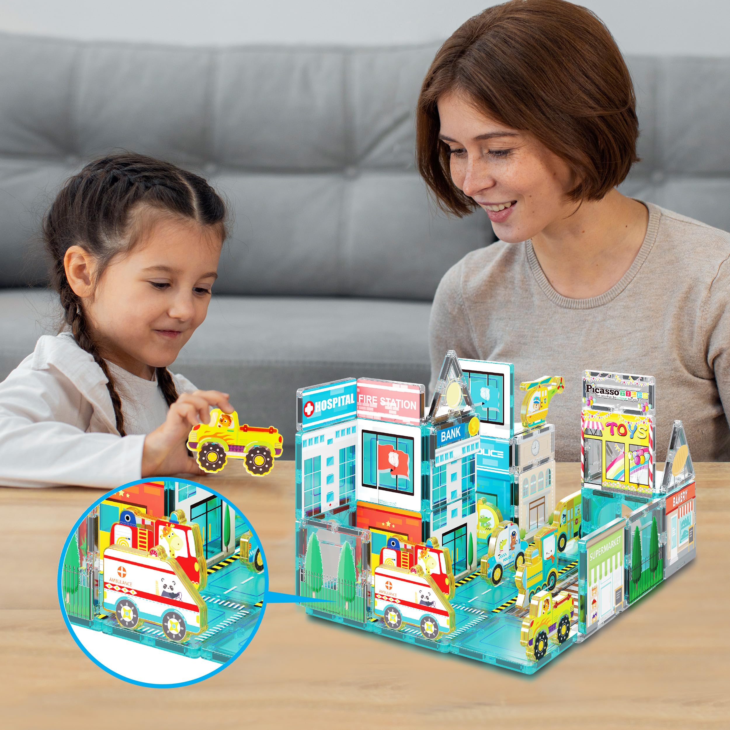 PicassoTiles Metro City 8-Piece Vehicle Set – Magnetized Action Figures for Magnetic Tile Kits, STEAM Building Toy for Ages 3+ (PTA24)