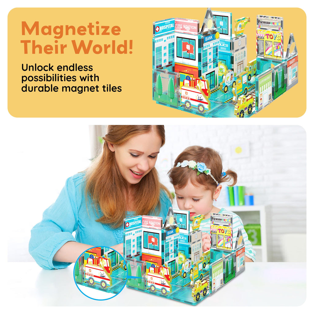PicassoTiles Metro City 8-Piece Vehicle Set – Magnetized Action Figures for Magnetic Tile Kits, STEAM Building Toy for Ages 3+ (PTA24)