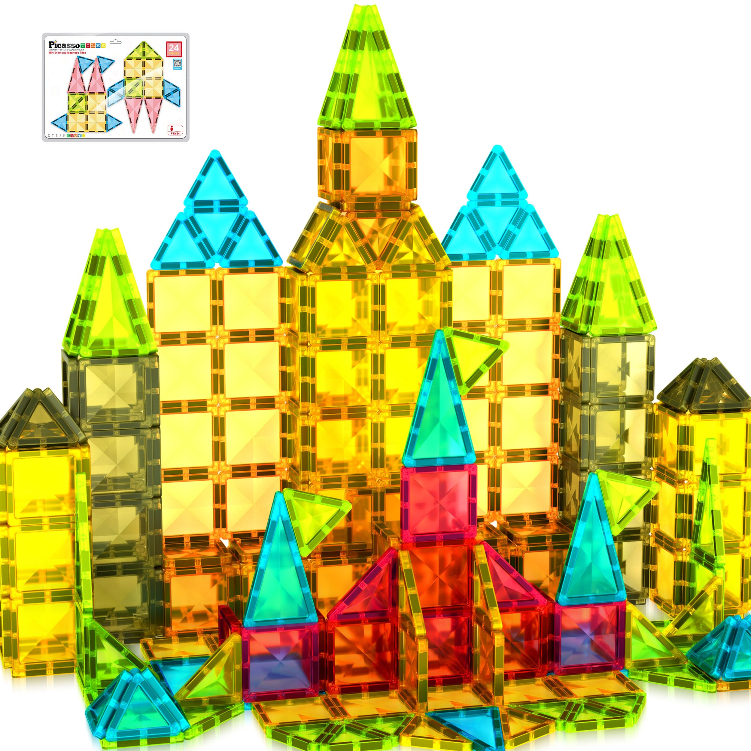 PicassoTiles Mini Diamond Magnetic Tiles 24-Piece Travel Set - STEM Building Blocks for Ages 3+