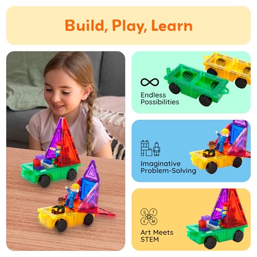 PicassoTiles PT21 2-Piece Magnetic Car Base Set – Compatible with Bricks & Tiles, STEM Toy for Ages 3+