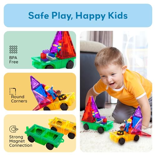 PicassoTiles PT21 2-Piece Magnetic Car Base Set – Compatible with Bricks & Tiles, STEM Toy for Ages 3+