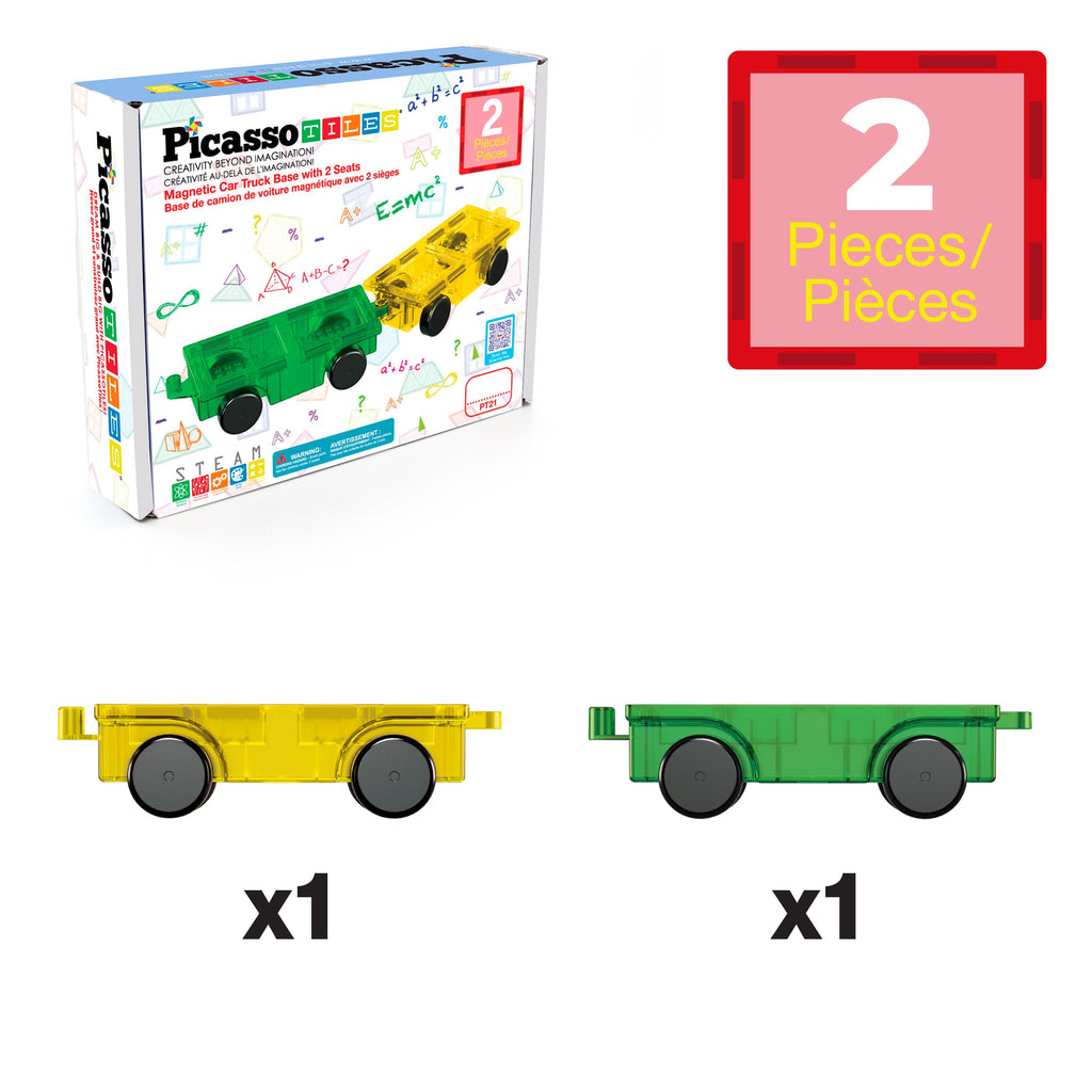 PicassoTiles PT21 2-Piece Magnetic Car Base Set – Compatible with Bricks & Tiles, STEM Toy for Ages 3+