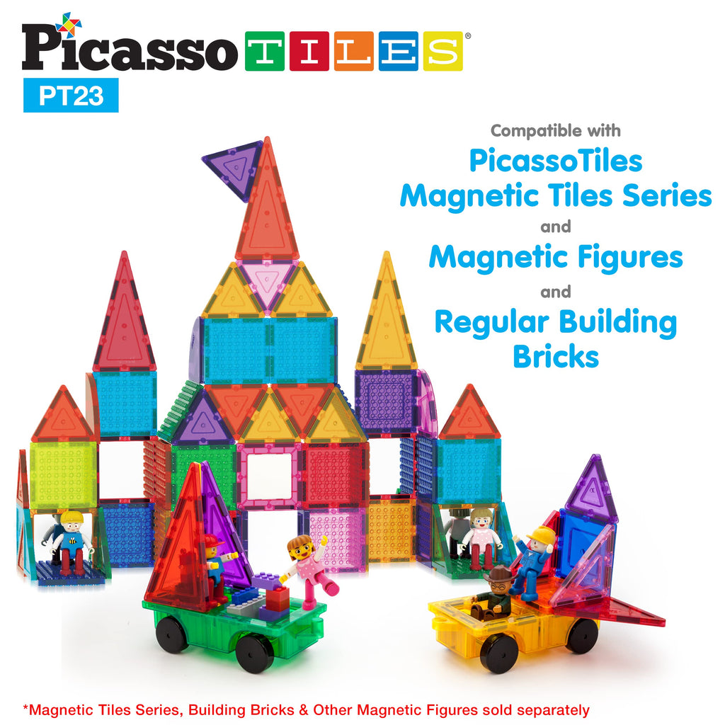 PicassoTiles PT23 Magnetic Car Play Set with 2 Action Figures – STEM Building Blocks for Kids 3+