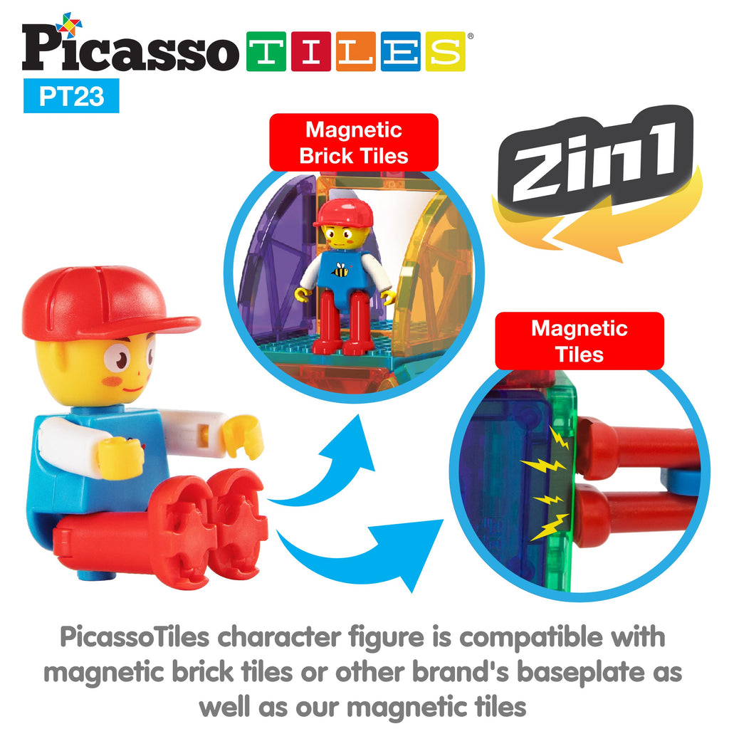 PicassoTiles PT23 Magnetic Car Play Set with 2 Action Figures – STEM Building Blocks for Kids 3+