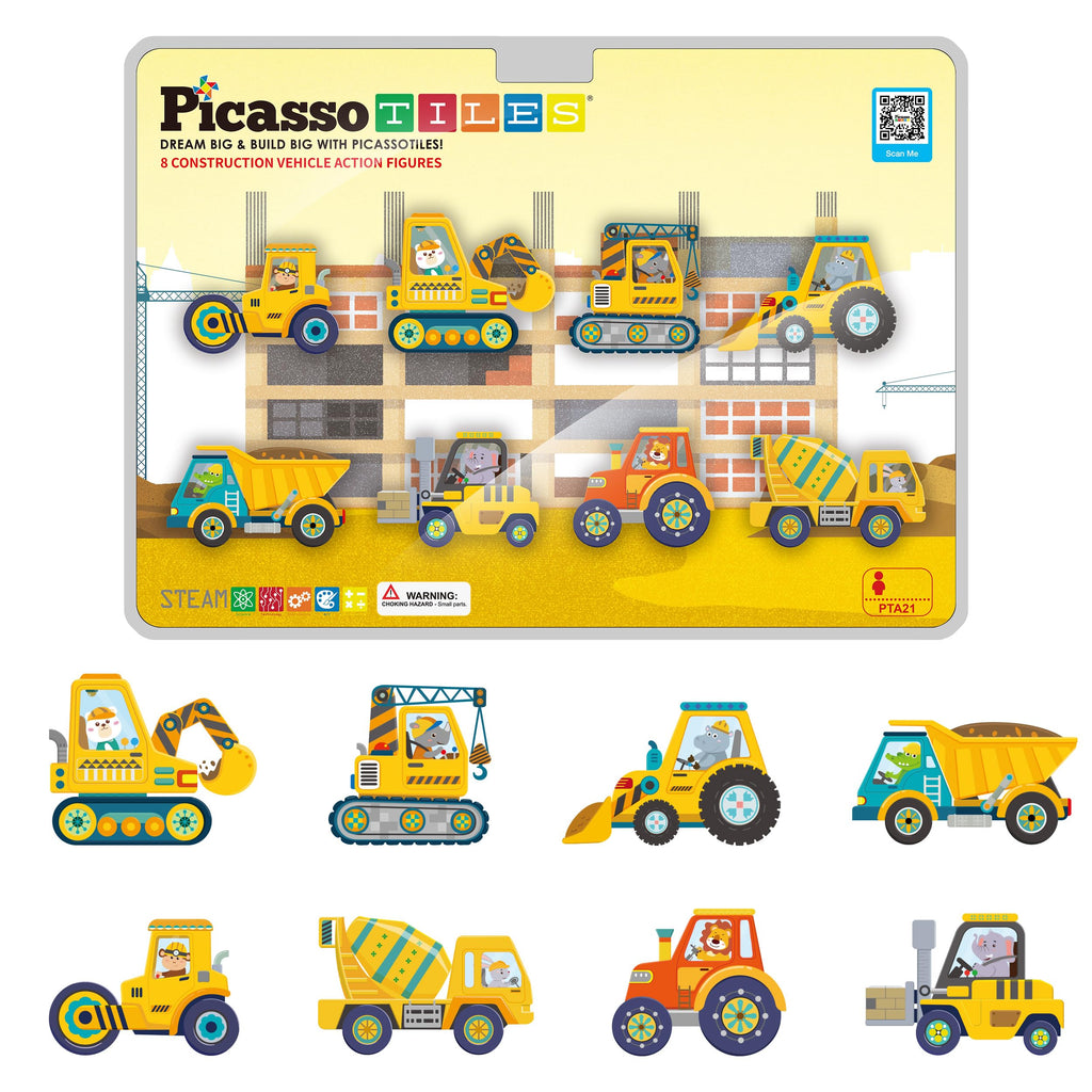 PicassoTiles PTA21 Magnetic Vehicle Add-On Set – 8 Construction Figures with Zoo Animal Drivers, Compatible with Magnetic Tiles