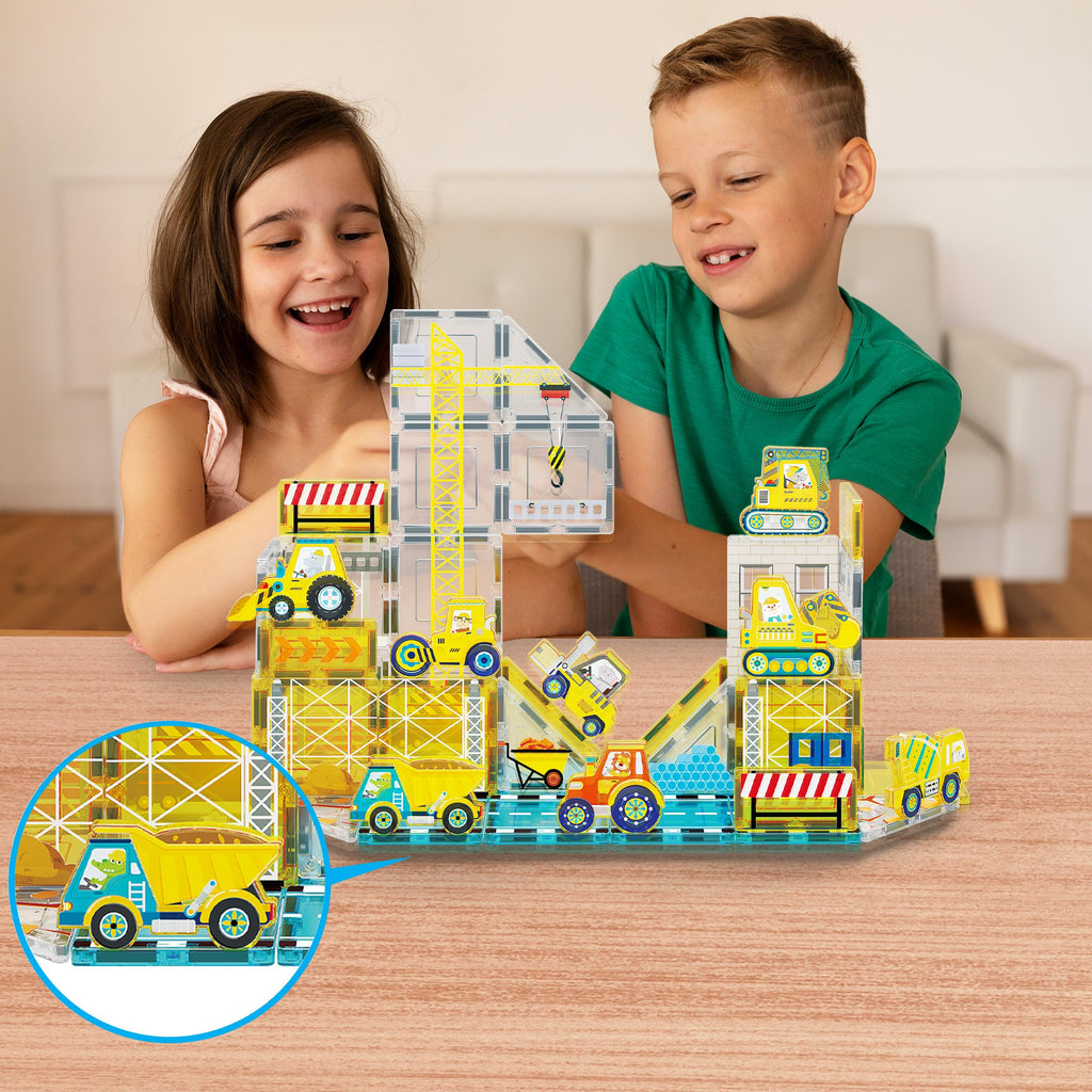 PicassoTiles PTA21 Magnetic Vehicle Add-On Set – 8 Construction Figures with Zoo Animal Drivers, Compatible with Magnetic Tiles