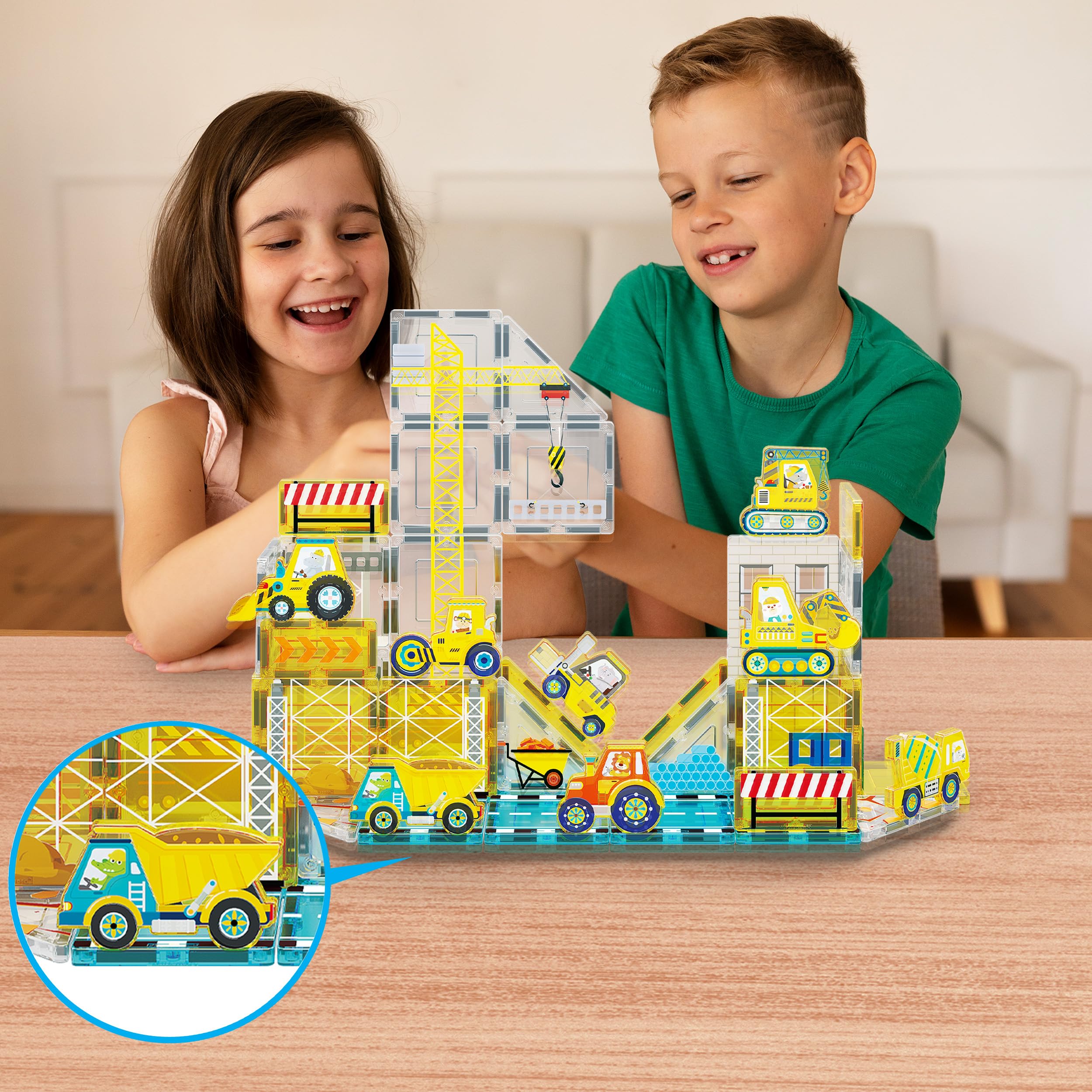 PicassoTiles PTA21 Magnetic Vehicle Add-On Set – 8 Construction Figures with Zoo Animal Drivers, Compatible with Magnetic Tiles