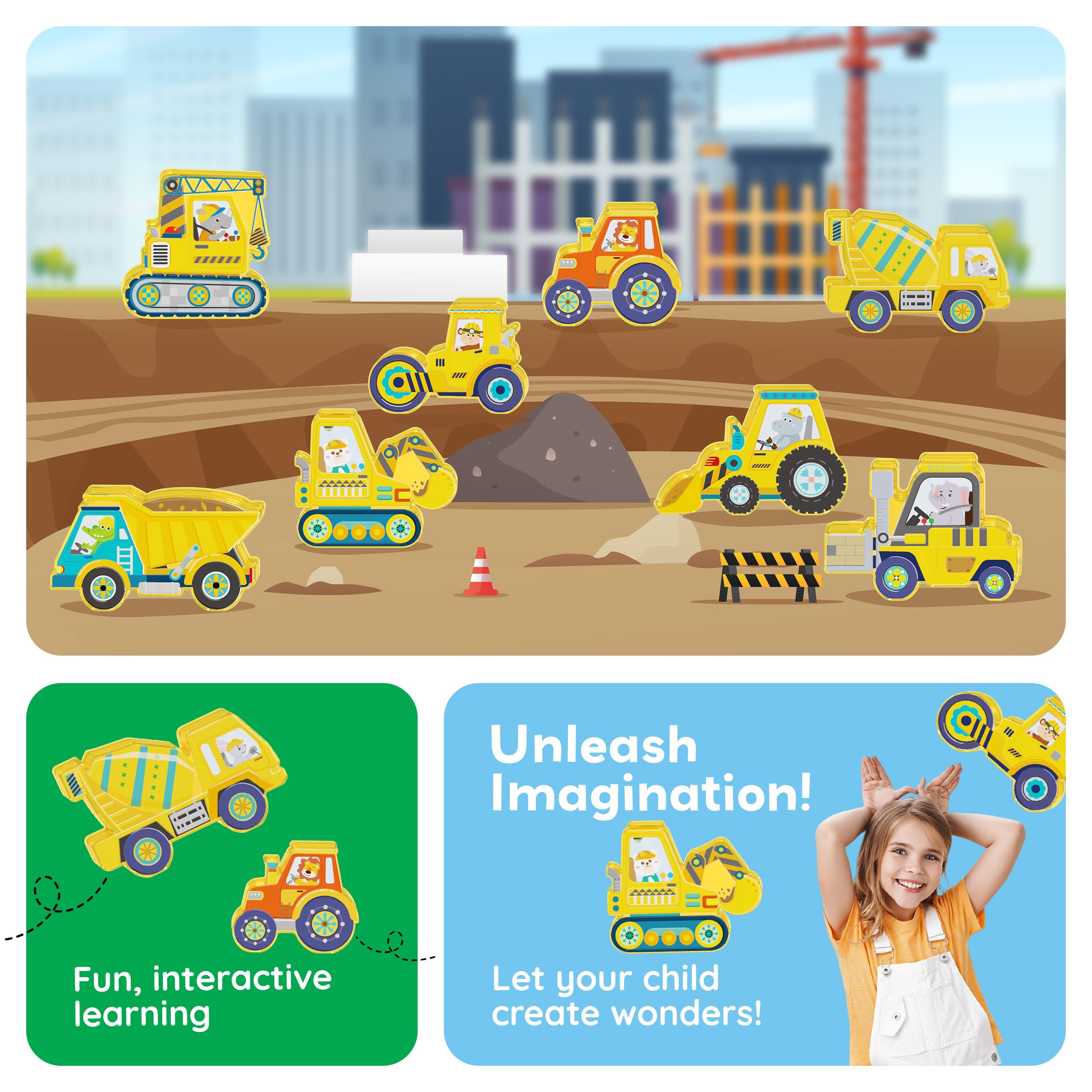 PicassoTiles PTA21 Magnetic Vehicle Add-On Set – 8 Construction Figures with Zoo Animal Drivers, Compatible with Magnetic Tiles