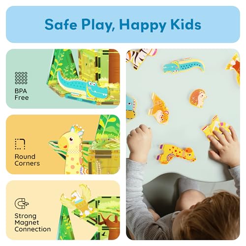 PicassoTiles PTA22 Safari Animal Magnetized Action Figures - 8 Piece Add-On Set for Magnetic Building Tiles, STEAM Toy for Ages 3+