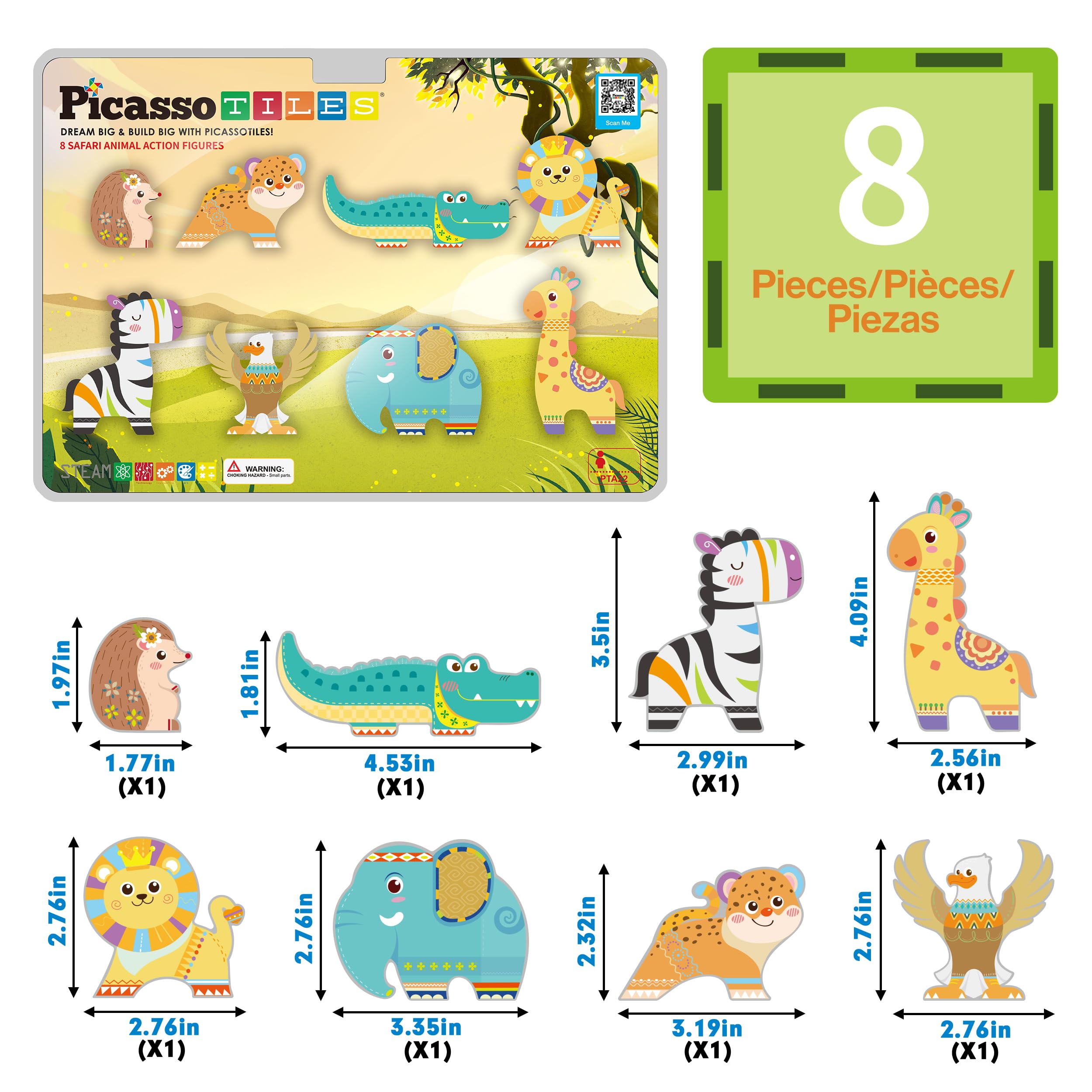 PicassoTiles PTA22 Safari Animal Magnetized Action Figures - 8 Piece Add-On Set for Magnetic Building Tiles, STEAM Toy for Ages 3+
