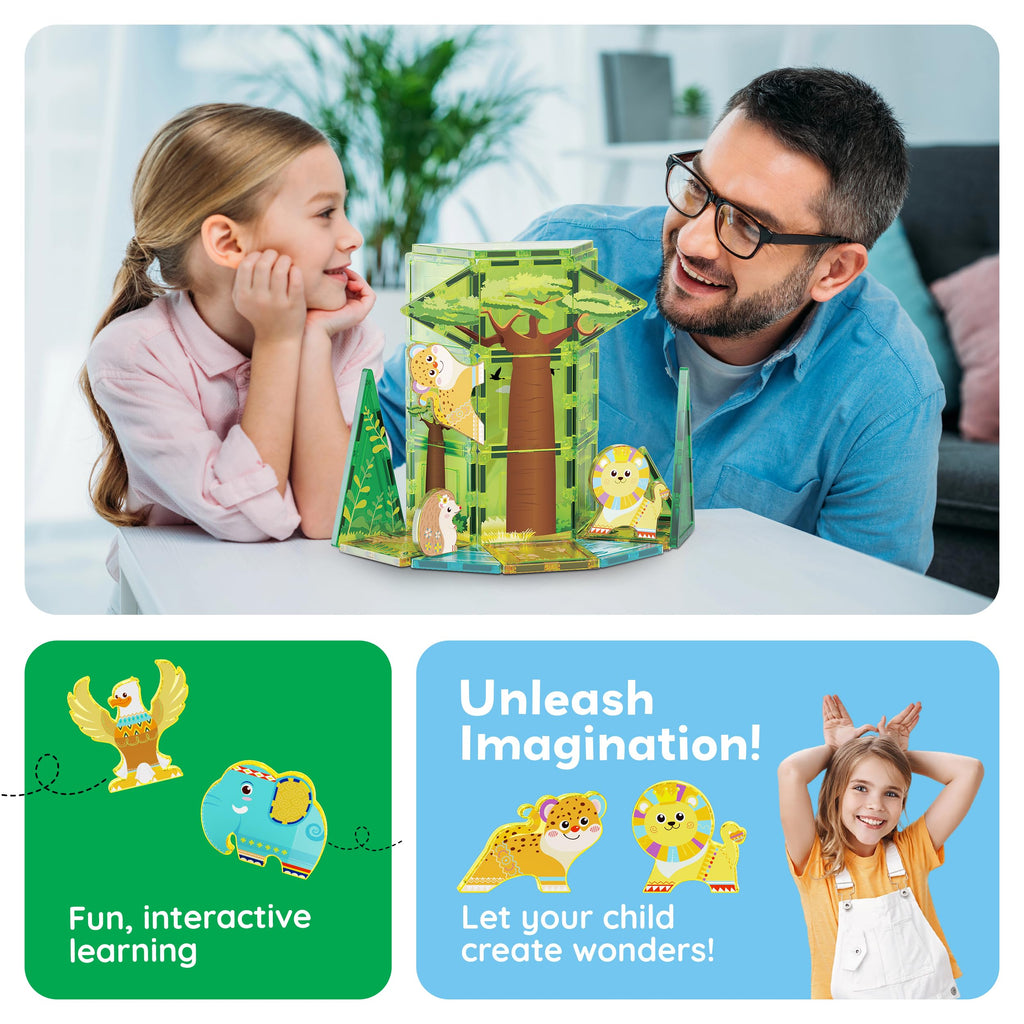 PicassoTiles PTA22 Safari Animal Magnetized Action Figures - 8 Piece Add-On Set for Magnetic Building Tiles, STEAM Toy for Ages 3+