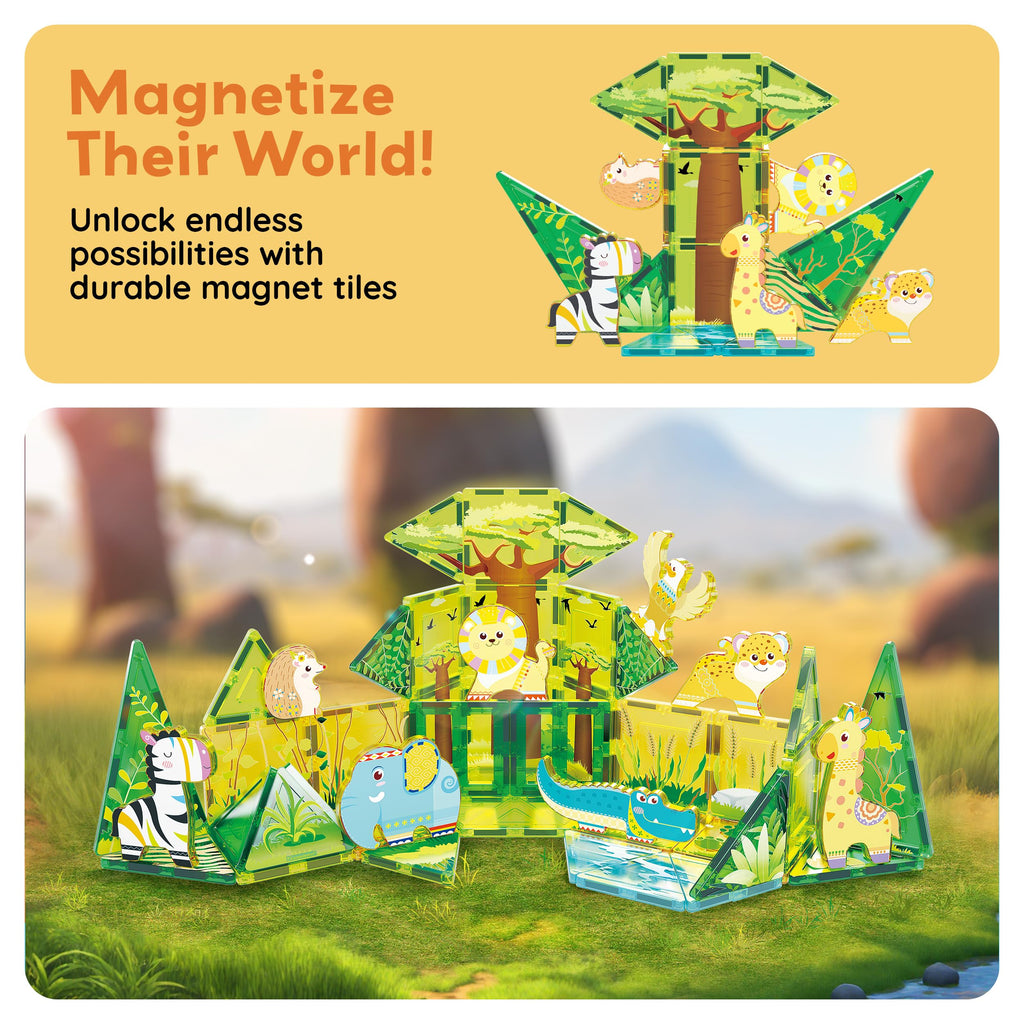 PicassoTiles PTA22 Safari Animal Magnetized Action Figures - 8 Piece Add-On Set for Magnetic Building Tiles, STEAM Toy for Ages 3+