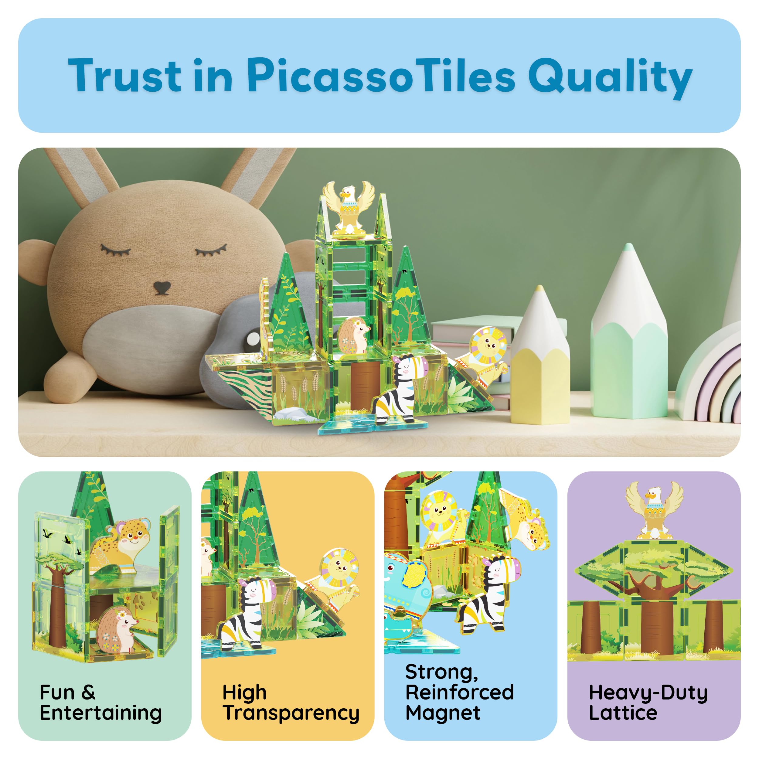 PicassoTiles PTA22 Safari Animal Magnetized Action Figures - 8 Piece Add-On Set for Magnetic Building Tiles, STEAM Toy for Ages 3+