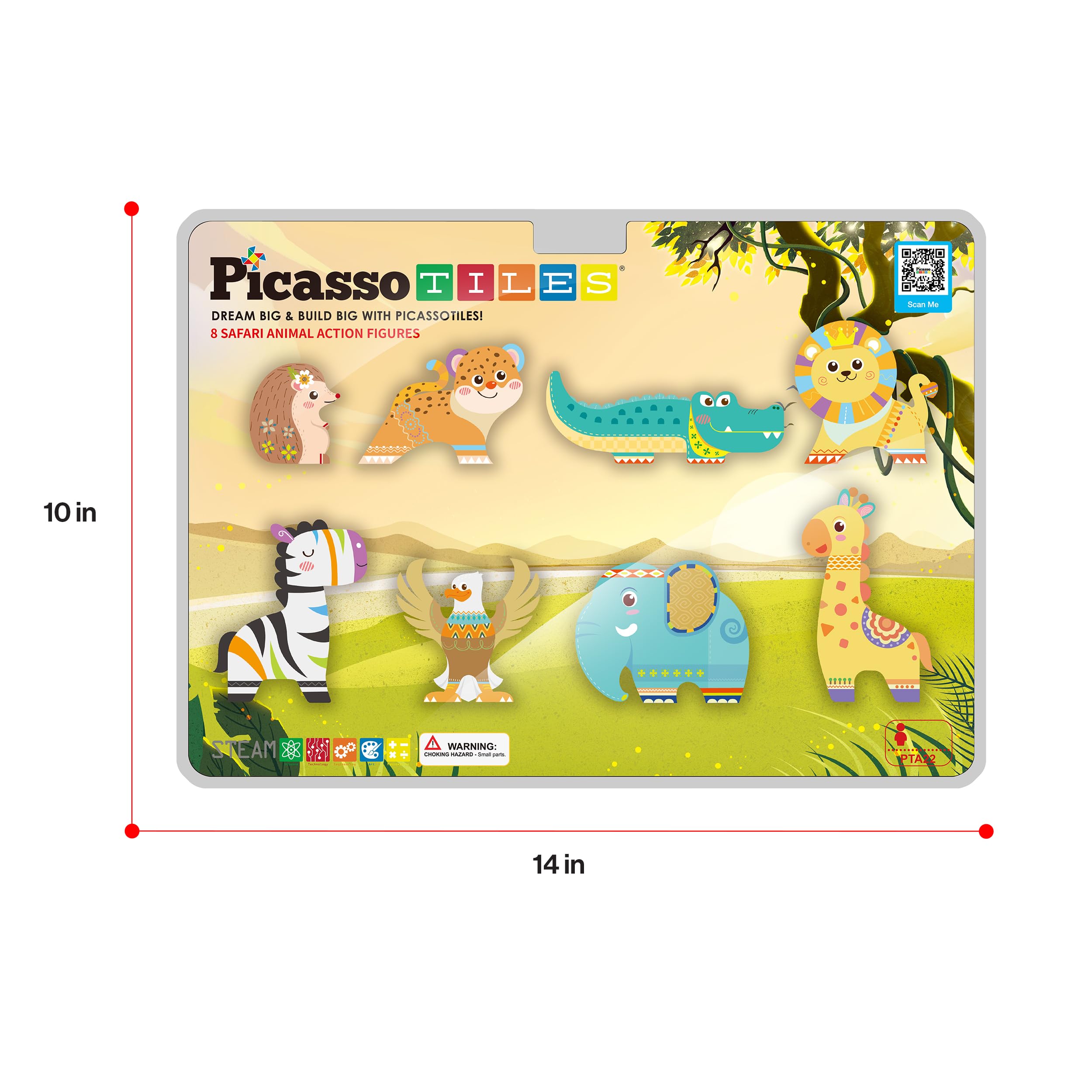 PicassoTiles PTA22 Safari Animal Magnetized Action Figures - 8 Piece Add-On Set for Magnetic Building Tiles, STEAM Toy for Ages 3+