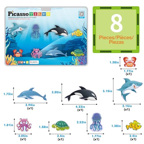 PicassoTiles PTA25 8-Piece Marine Animal Magnetic Action Figures Set – Compatible with Building Tiles, STEAM Toy for Kids 3+
