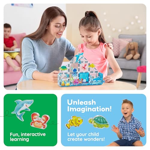 PicassoTiles PTA25 8-Piece Marine Animal Magnetic Action Figures Set – Compatible with Building Tiles, STEAM Toy for Kids 3+