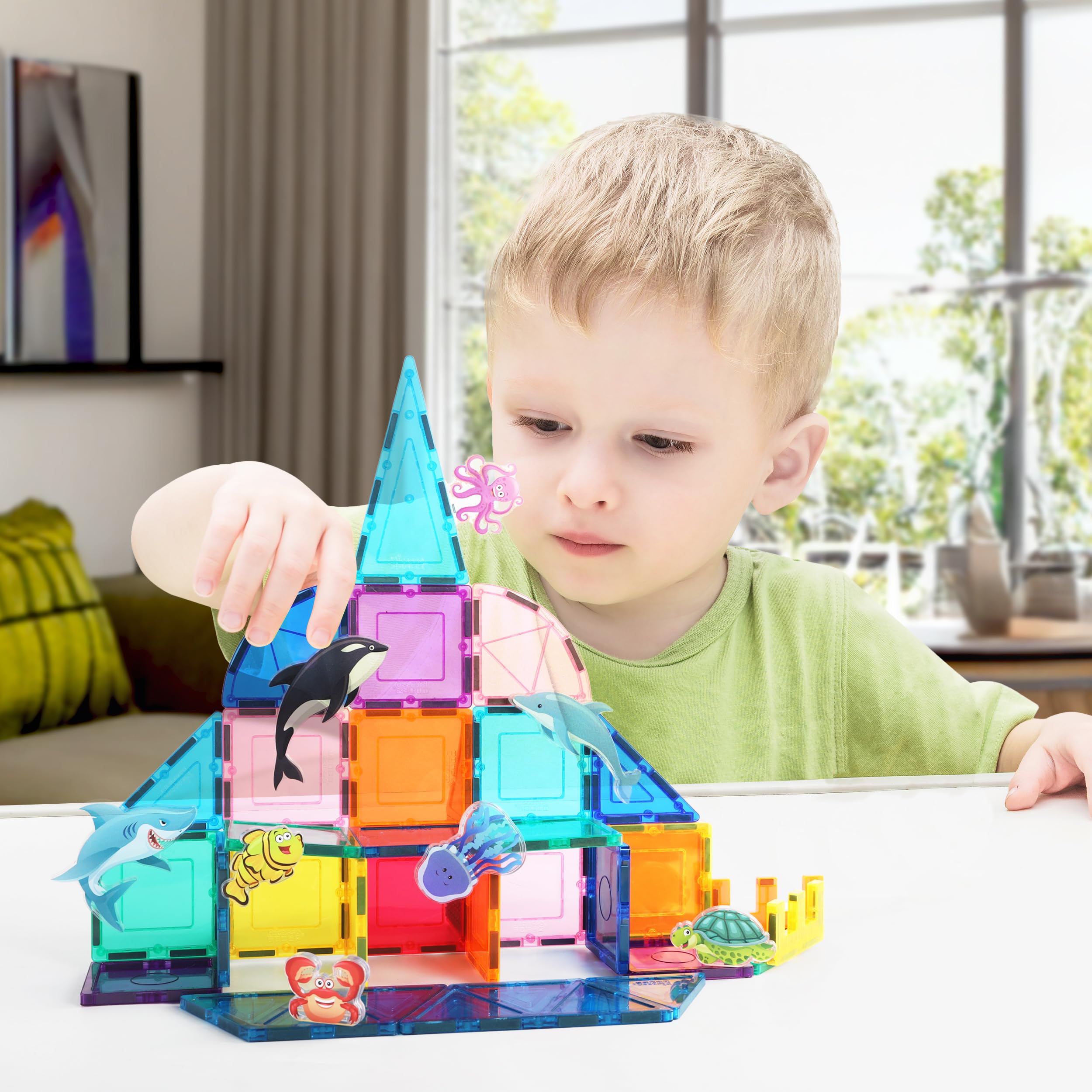 PicassoTiles PTA25 8-Piece Marine Animal Magnetic Action Figures Set – Compatible with Building Tiles, STEAM Toy for Kids 3+