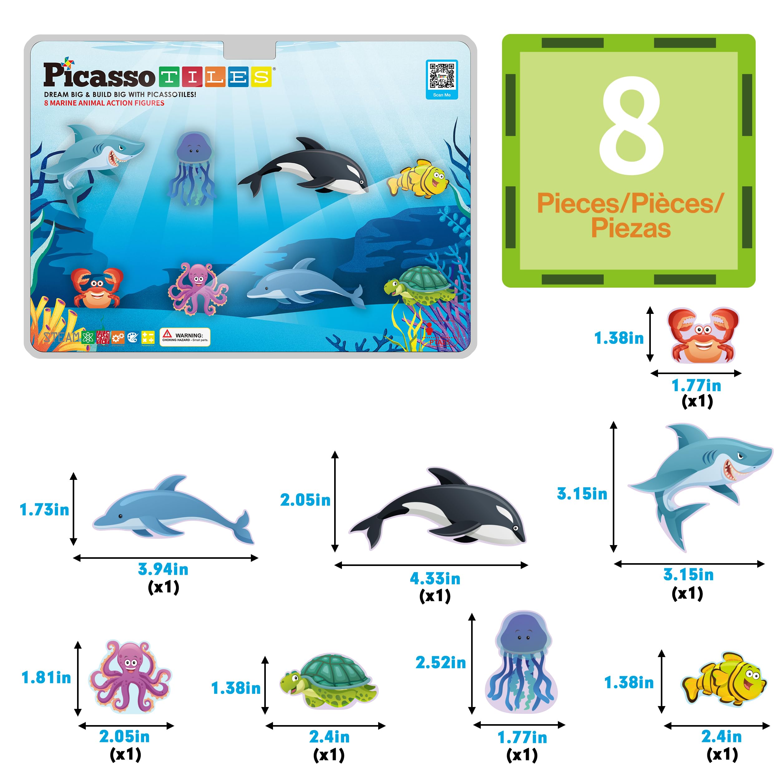 PicassoTiles PTA25 8-Piece Marine Animal Magnetic Action Figures Set – Compatible with Building Tiles, STEAM Toy for Kids 3+