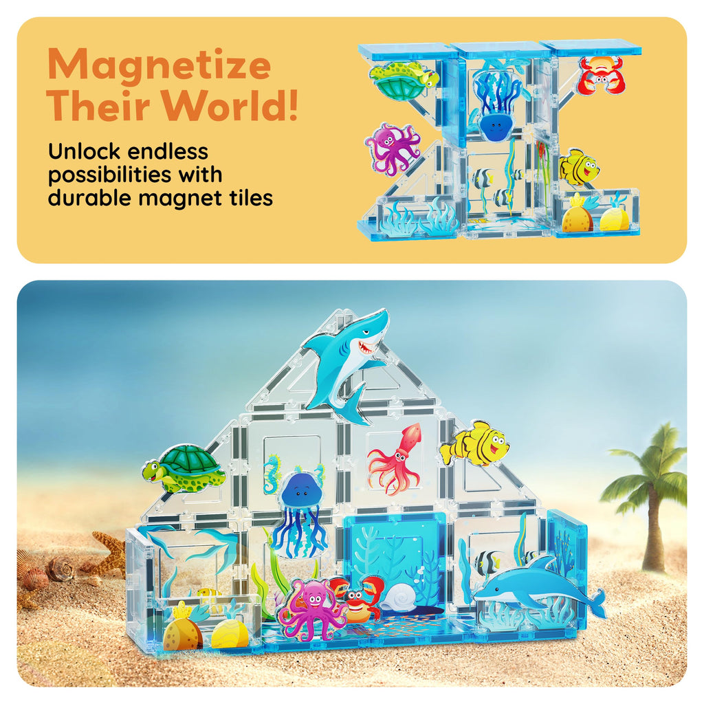 PicassoTiles PTA25 8-Piece Marine Animal Magnetic Action Figures Set – Compatible with Building Tiles, STEAM Toy for Kids 3+