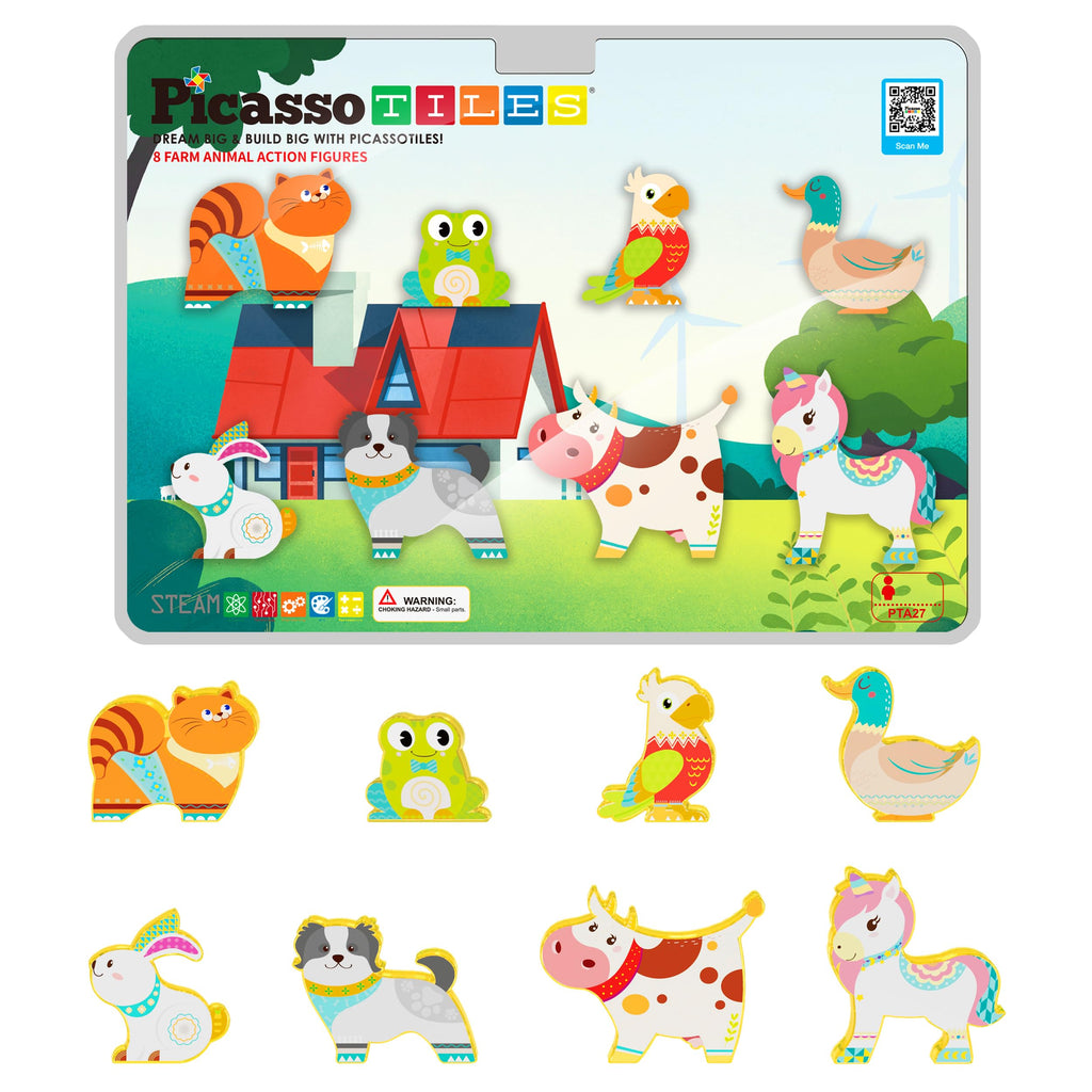 PicassoTiles PTA27 8-Piece Magnetic Farm Animal Figures – Add-On Set for Magnetic Tiles