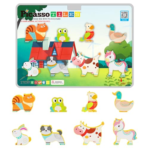 PicassoTiles PTA27 8-Piece Magnetic Farm Animal Figures – Add-On Set for Magnetic Tiles