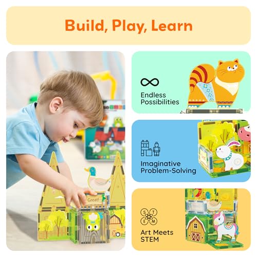 PicassoTiles PTA27 8-Piece Magnetic Farm Animal Figures – Add-On Set for Magnetic Tiles