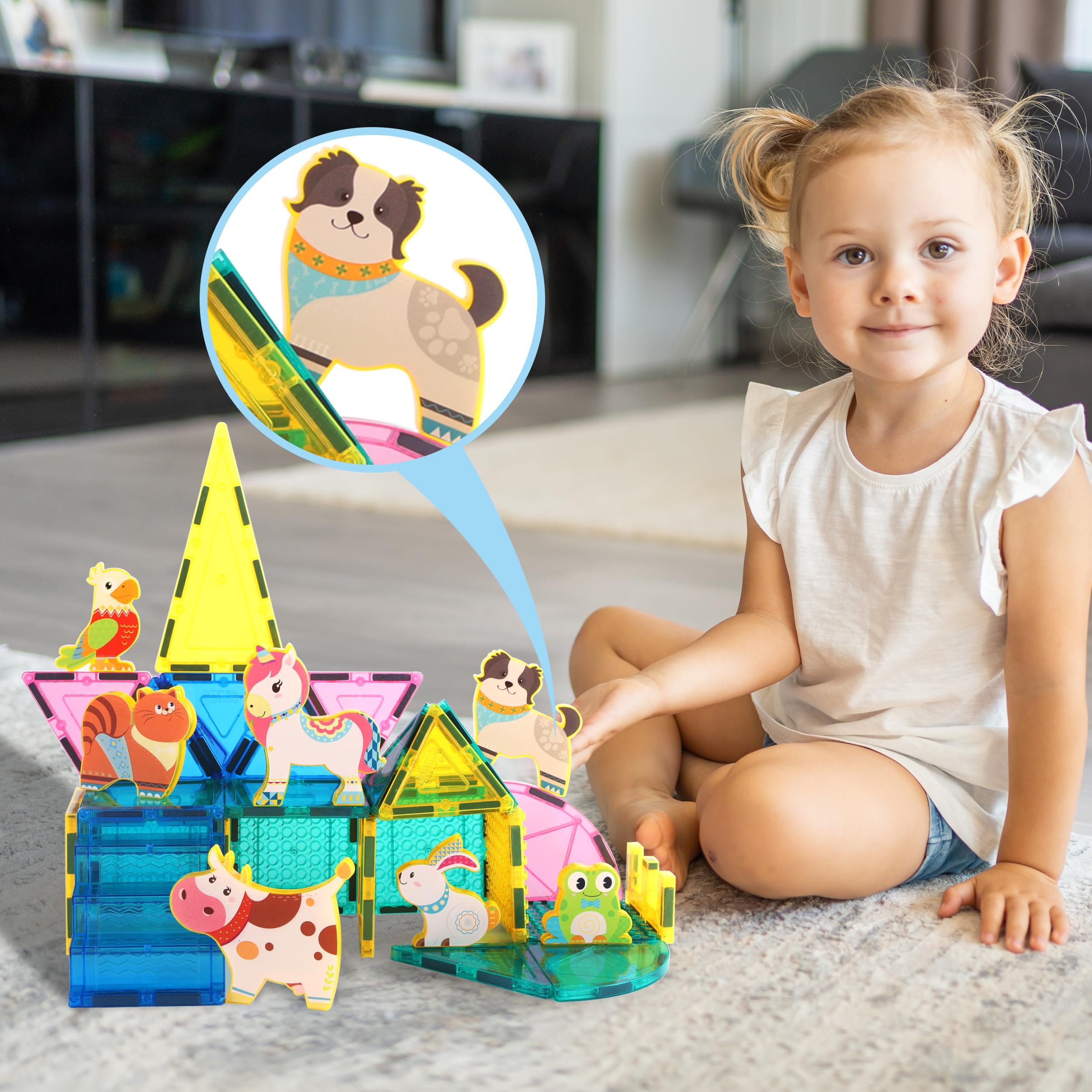 PicassoTiles PTA27 8-Piece Magnetic Farm Animal Figures – Add-On Set for Magnetic Tiles