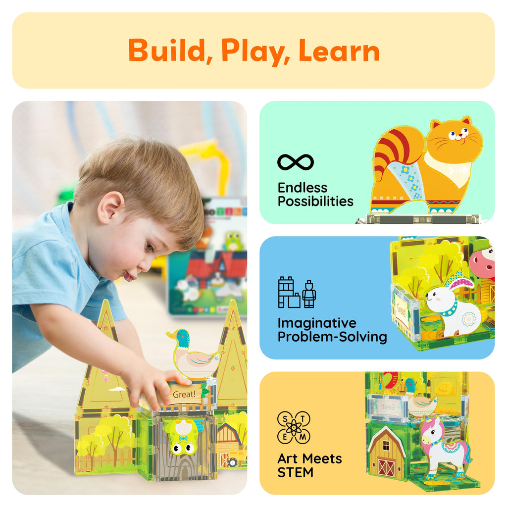 PicassoTiles PTA27 8-Piece Magnetic Farm Animal Figures – Add-On Set for Magnetic Tiles