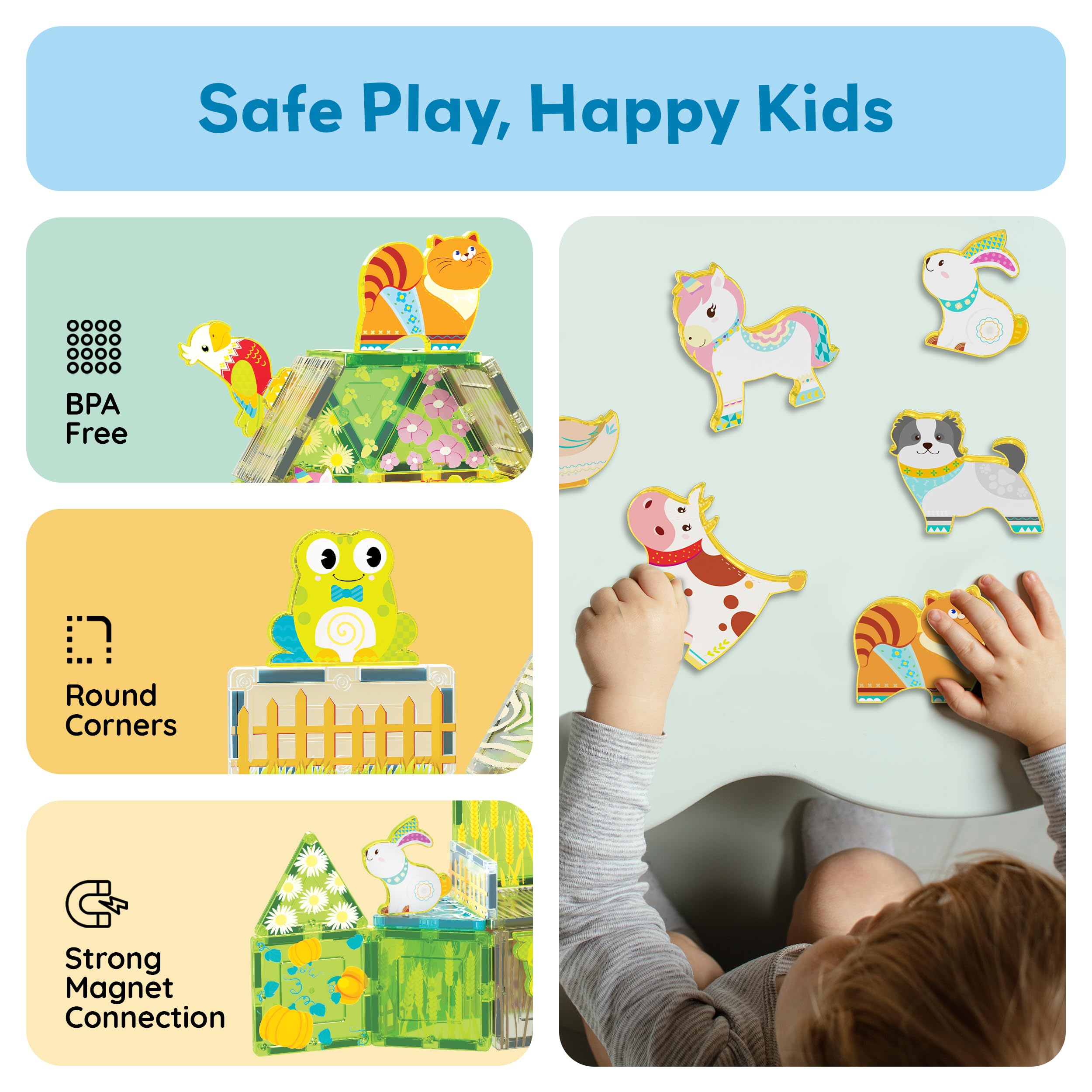 PicassoTiles PTA27 8-Piece Magnetic Farm Animal Figures – Add-On Set for Magnetic Tiles