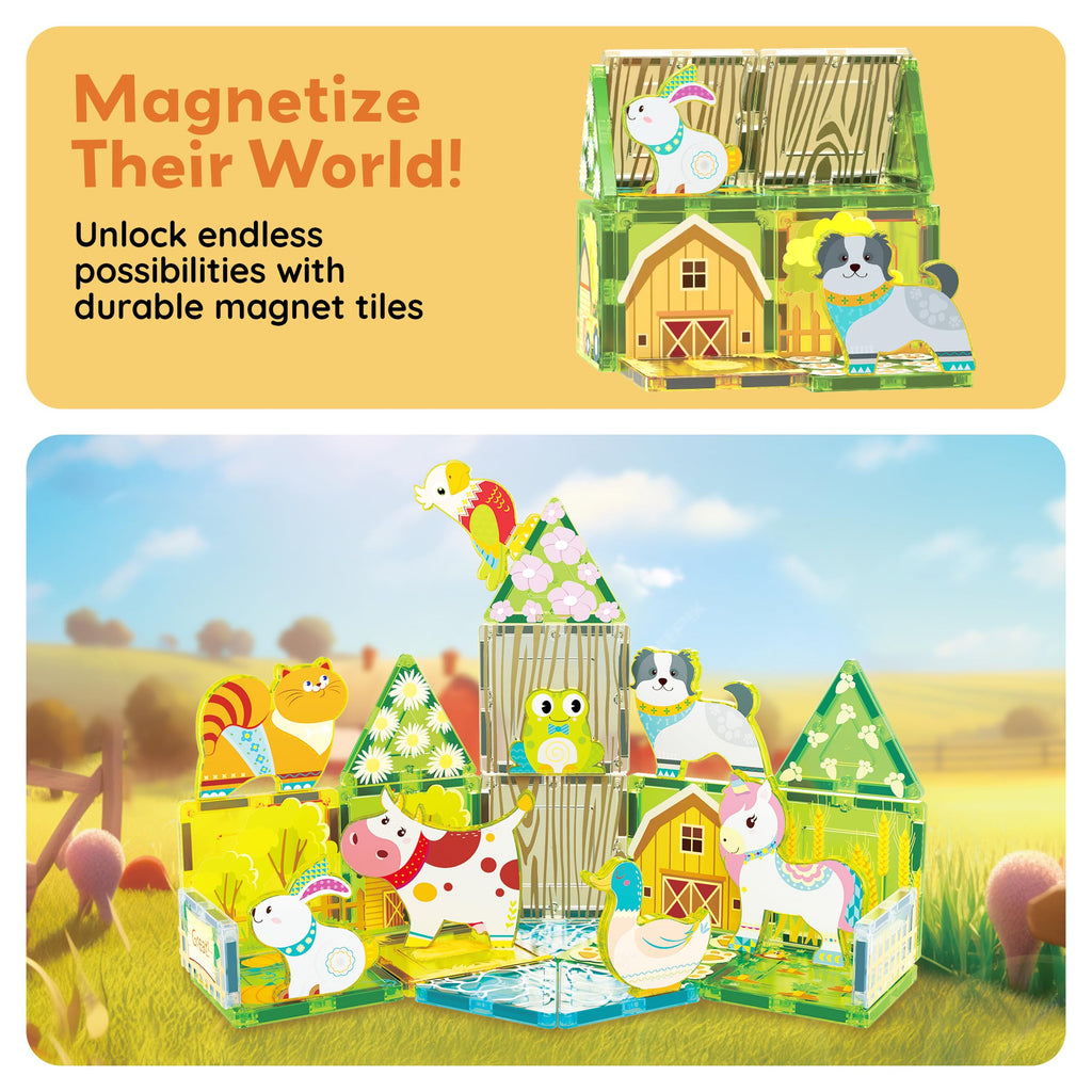 PicassoTiles PTA27 8-Piece Magnetic Farm Animal Figures – Add-On Set for Magnetic Tiles