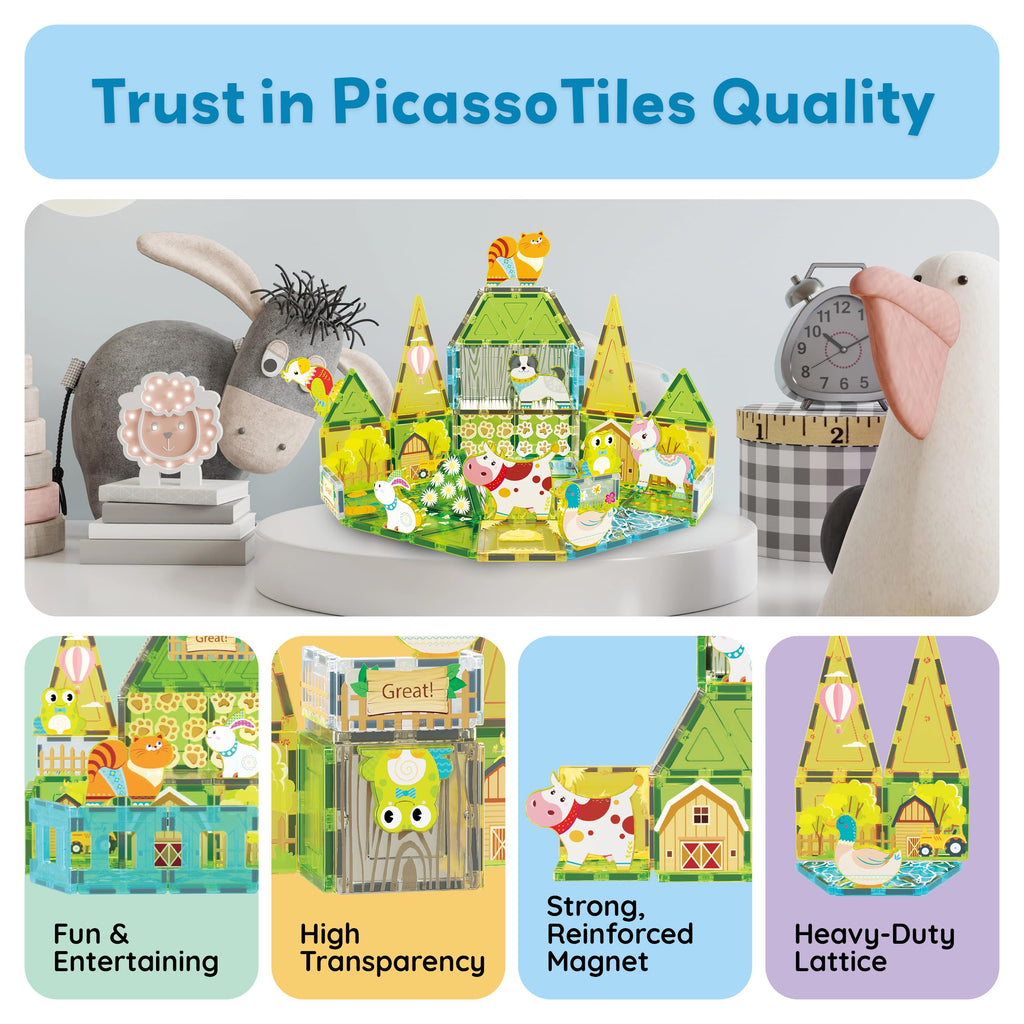 PicassoTiles PTA27 8-Piece Magnetic Farm Animal Figures – Add-On Set for Magnetic Tiles