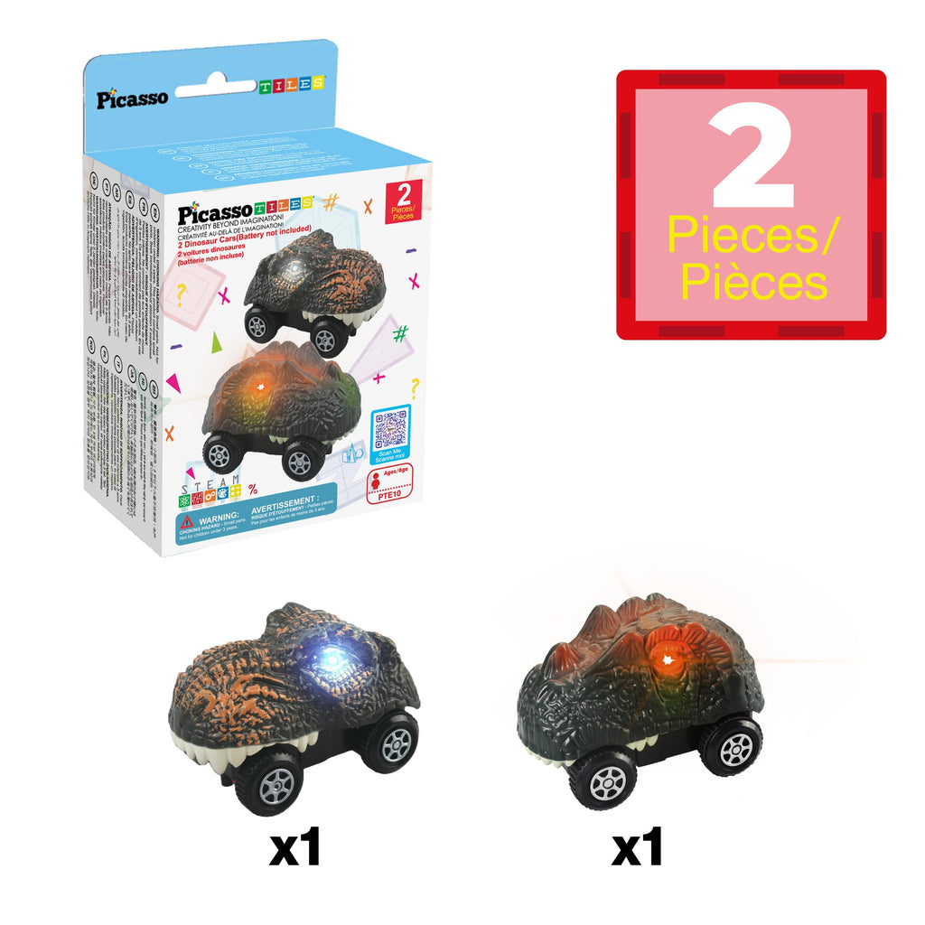 PicassoTiles PTE10 2-Piece Dinosaur Race Truck Cars for Magnetic Race Tracks, Ages 3+