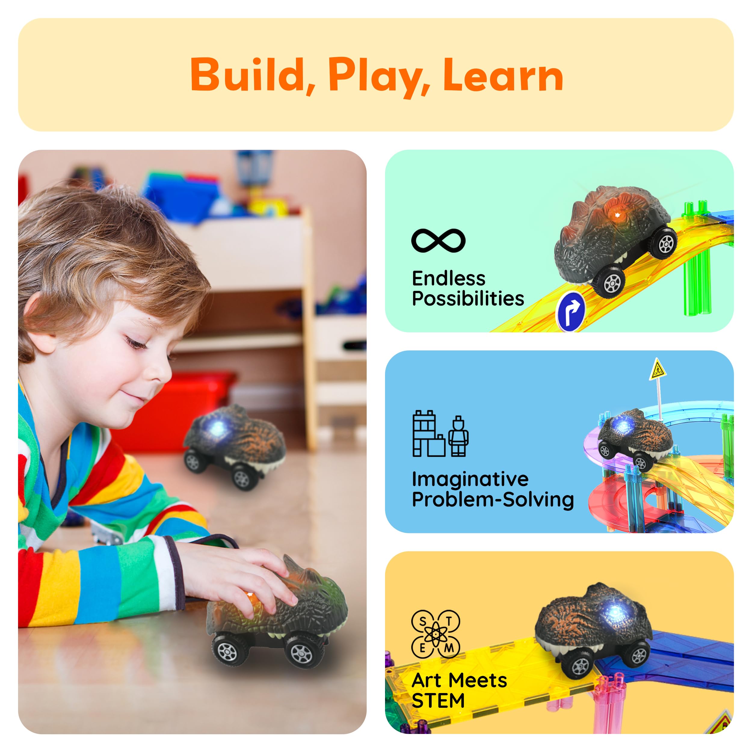 PicassoTiles PTE10 2-Piece Dinosaur Race Truck Cars for Magnetic Race Tracks, Ages 3+