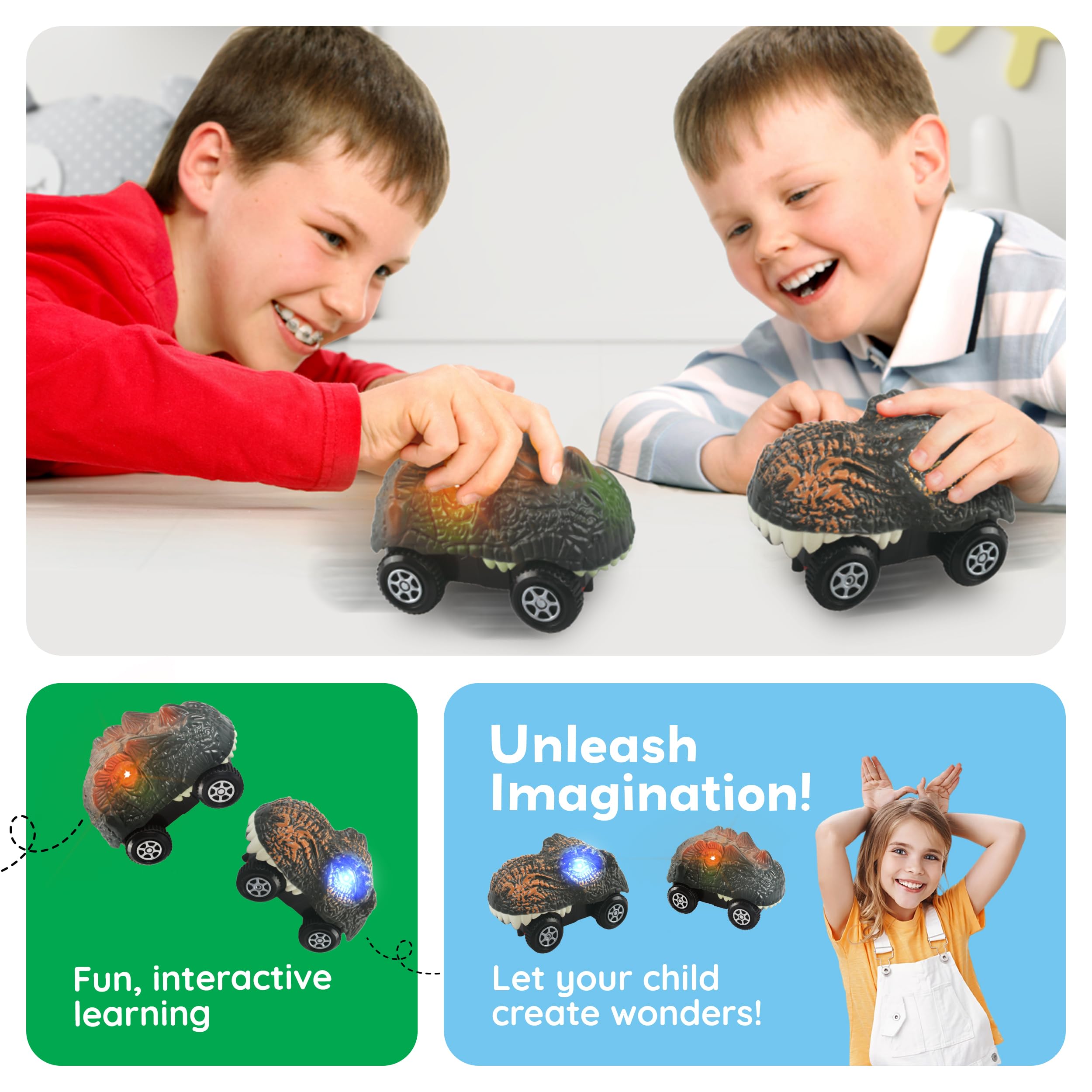 PicassoTiles PTE10 2-Piece Dinosaur Race Truck Cars for Magnetic Race Tracks, Ages 3+