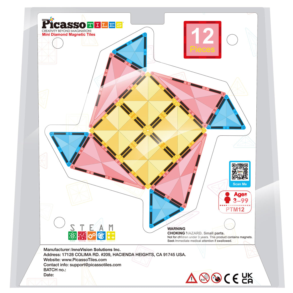 PicassoTiles PTM12 Mini Diamond Series 12-Piece Magnetic Building Blocks – Travel-Friendly STEM Toy for Ages 3+