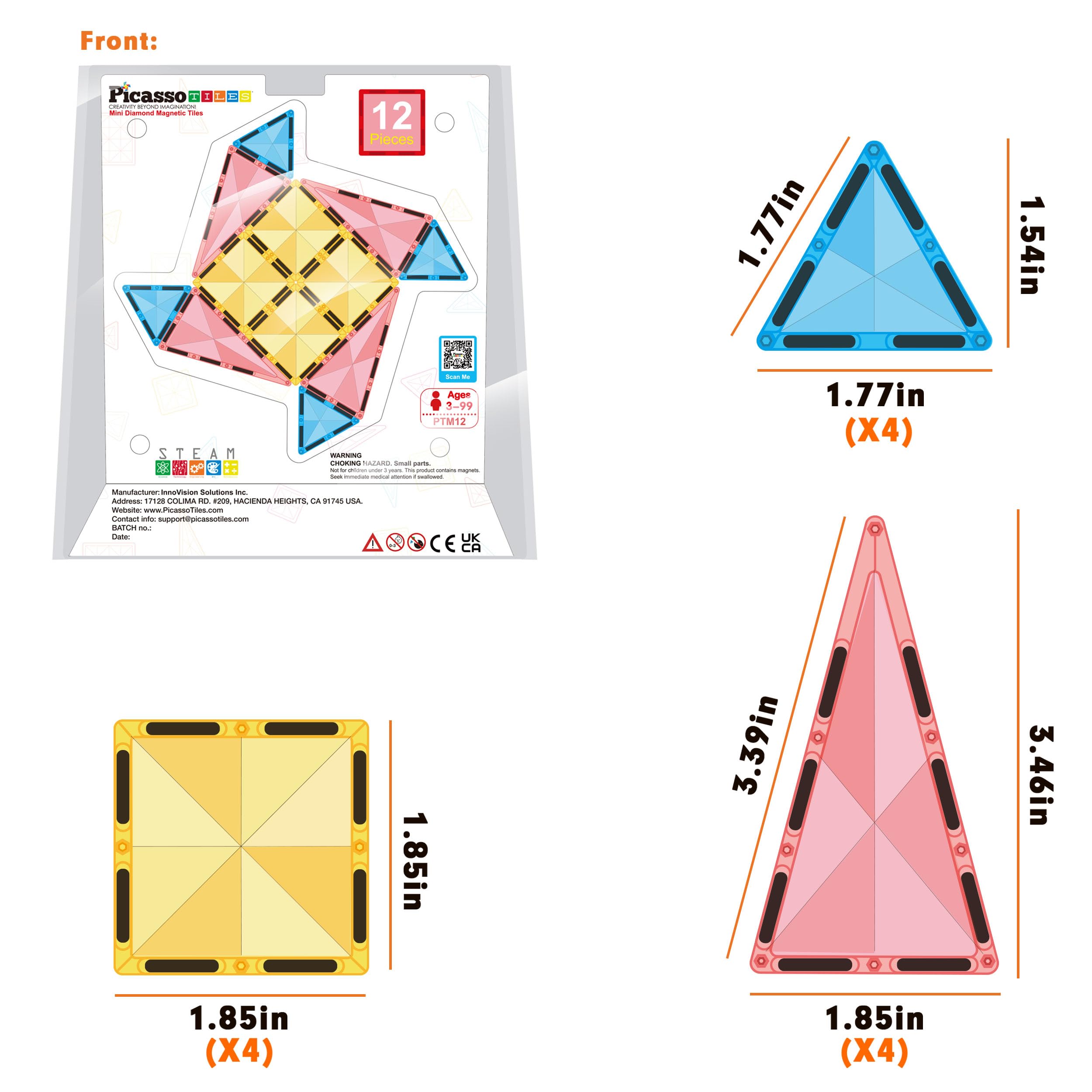 PicassoTiles PTM12 Mini Diamond Series 12-Piece Magnetic Building Blocks – Travel-Friendly STEM Toy for Ages 3+