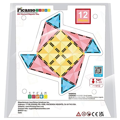 PicassoTiles PTM12 Mini Diamond Series 12-Piece Magnetic Building Blocks – Travel-Friendly STEM Toy for Ages 3+